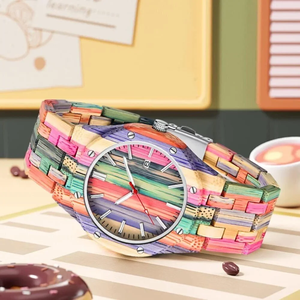 Men's Pink Purple Handmade Colorful Bamboo Engraved Analog Quartz Wooden Watch